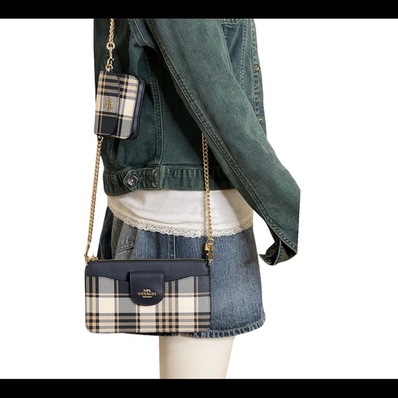 Coach Womens Crossbody Bag With Pouch Coin Bag Chain Strap Poppy Plaid Leather - Picture 3 of 15